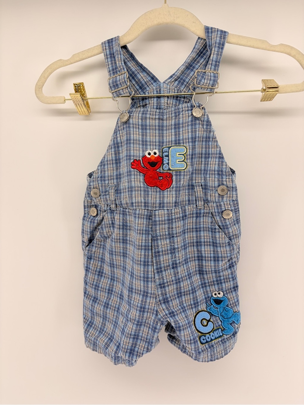Vintage Sesame Street Elmo & Cookie Monster Plaid Overalls  Cotton 90’s
